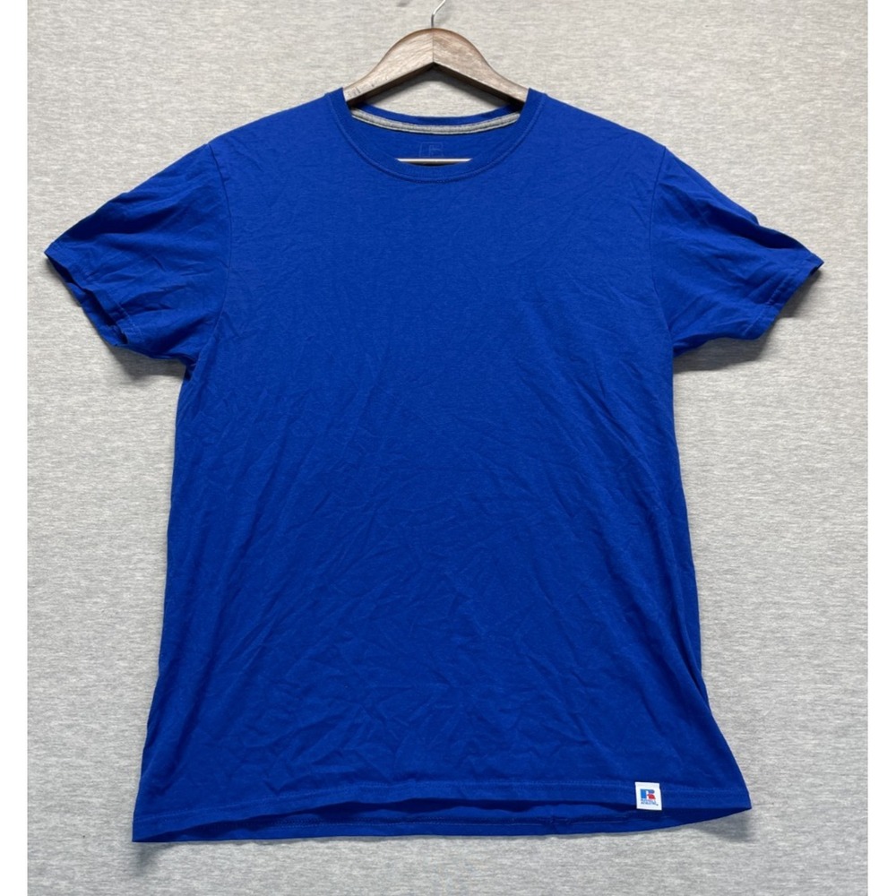 Russell Athletic Performance T Shirt Mens Medium Royal Blue Patch Logo Crew Neck